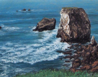 Out To Sea - small original pastel painting california seascape coastal ocean cliffs beach rocks standard size shell beach