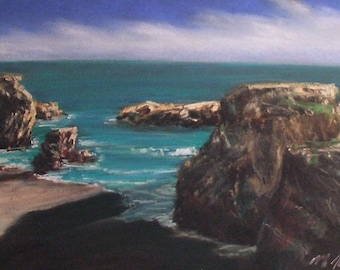 Pacific Shadows - small original 7x10 pastel painting california seascape coastal cliffs beach