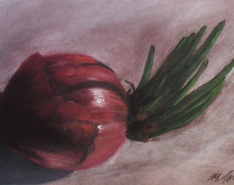 Moody Onion - small 7x10 original pastel painting vegetable still life kitchen food art