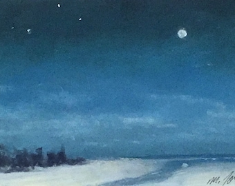 Blue Beach - small original pastel painting night time seascape california standard size moon sand