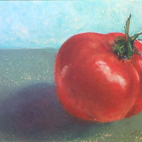 Cool Tomato- small 5x7 original pastel painting fruit vegetable red kitchen art
