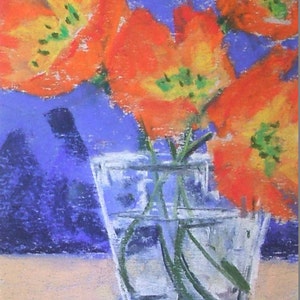 Poppy Shots- flowers orange glass small 5x7 original pastel painting floral art