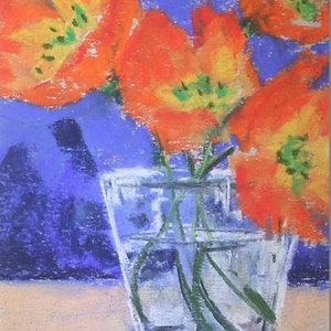 Poppy Shots flowers orange glass small 5x7 original pastel painting floral art image 1