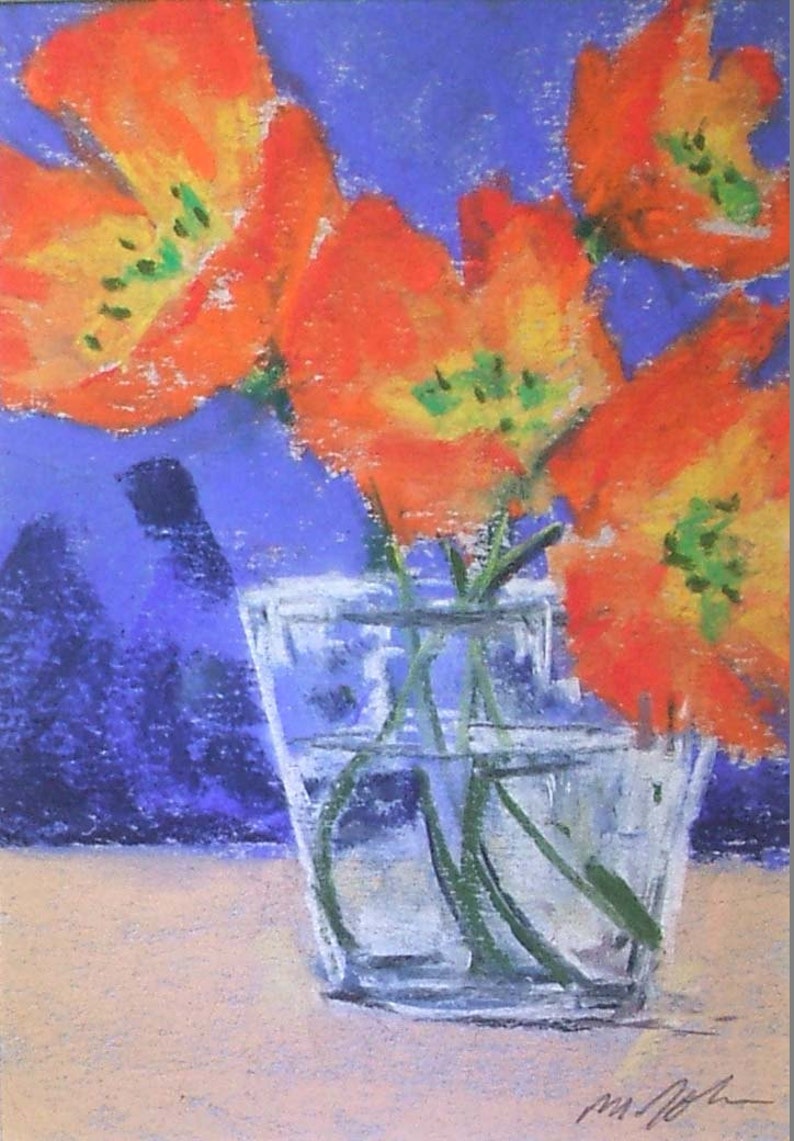 Poppy Shots flowers orange glass small 5x7 original pastel painting floral art image 1