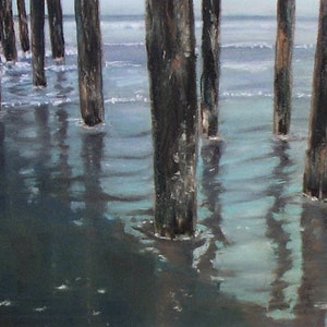 May include: A painting depicting wooden pier pilings submerged in water. The water is a light blue-green colour and the pilings are dark brown. The pilings are reflected in the water.
