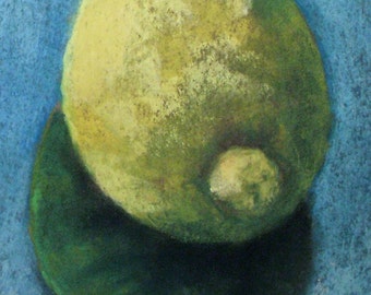 Lemon & Leaf - small original pastel painting lemon yellow fruit produce citrus kitchen