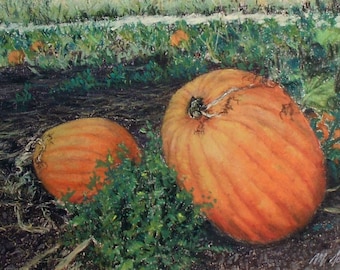 Pumpkins- small original pastel painting fall fields autumn halloween california landscape squash orange