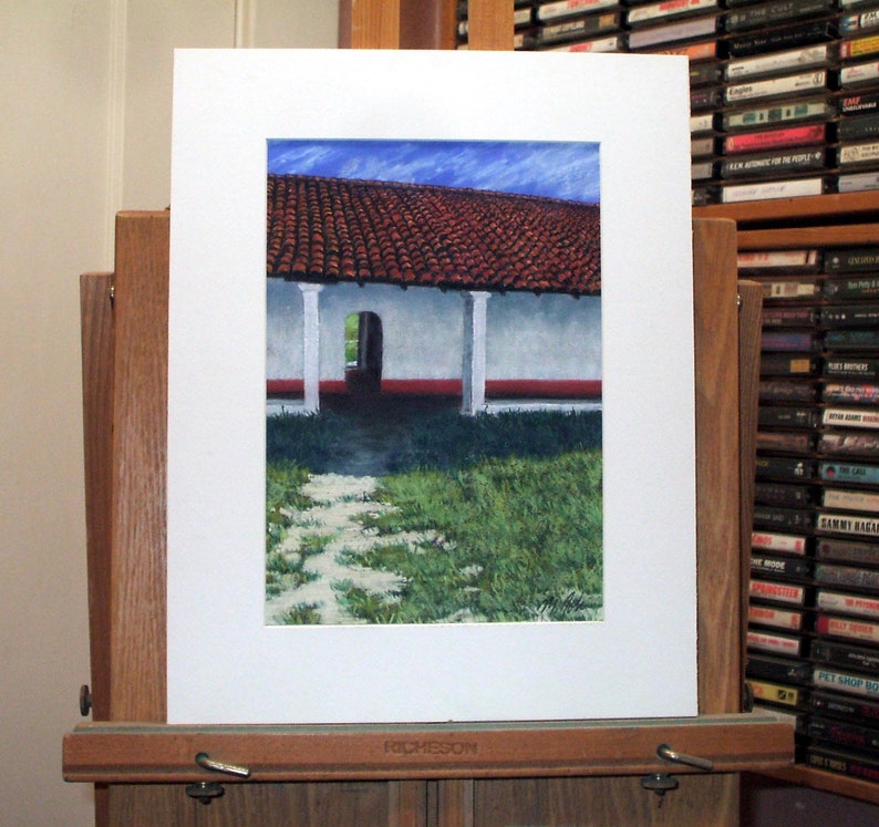 La Purisima Courtyard small original pastel painting spanish california mission tiles pathway historical image 2