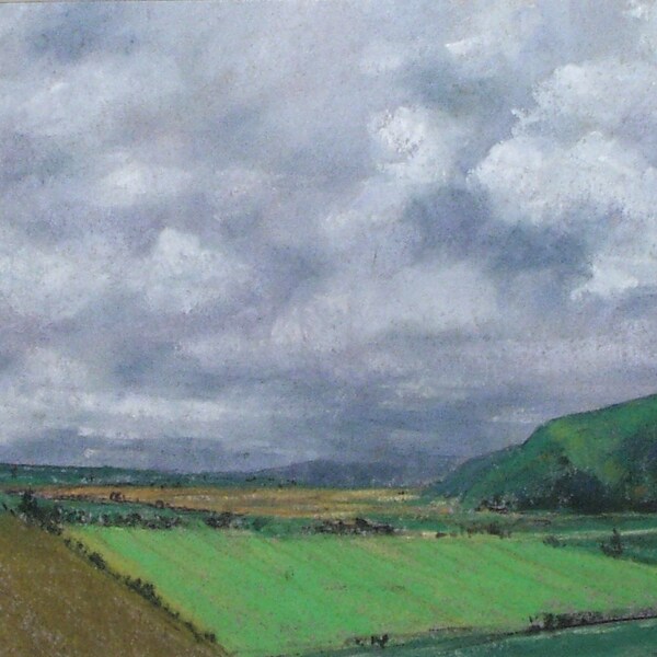 Valley Fields - small original pastel painting califorina farm rain clouds foothills