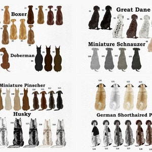May include: A collection of dog illustrations, including Boxer, Doberman, Great Dane, Miniature Schnauzer, Miniature Pinscher, Husky, Pug, and German Shorthaired Pointer. Each breed is shown in various colors and patterns, with numbers identifying each dog.