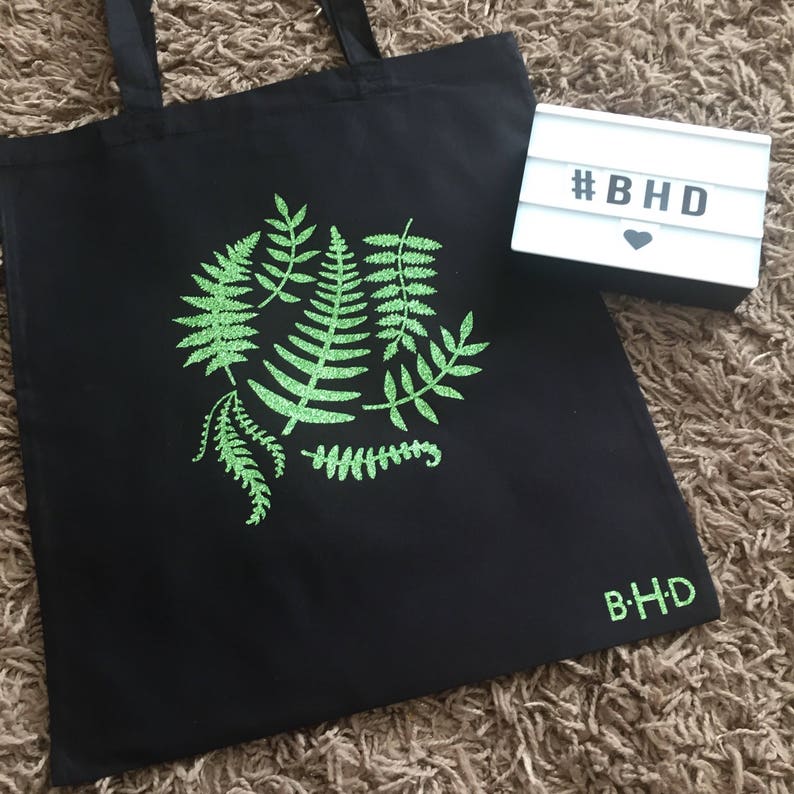 Bag for Life Botanical Style Bag Green Glitter Fern LeavesTote Bag Shopping Bag Garden Lovers Bag Garderers Bag