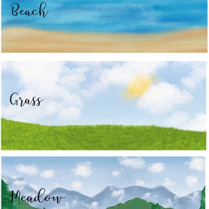 May include: A watercolor painting depicting three scenic landscapes. The top scene shows a beach with seagulls, the middle scene a grassy hill, and the bottom scene a meadow with mountains. The word "Beach", "Grass", and "Meadow" are written in cursive.