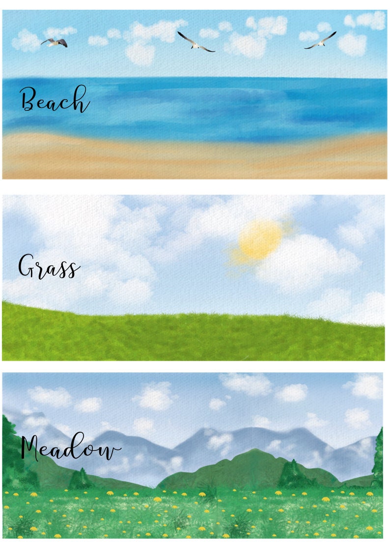 May include: A watercolor painting depicting three scenic landscapes. The top scene shows a beach with seagulls, the middle scene a grassy hill, and the bottom scene a meadow with mountains. The word "Beach", "Grass", and "Meadow" are written in cursive.