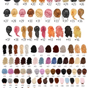 May include: An illustration showcasing a variety of hairstyles, numbered from 17 to 116. The image features a diverse range of hair colors and styles, including bobs, braids, and updos, suitable for personalized designs.