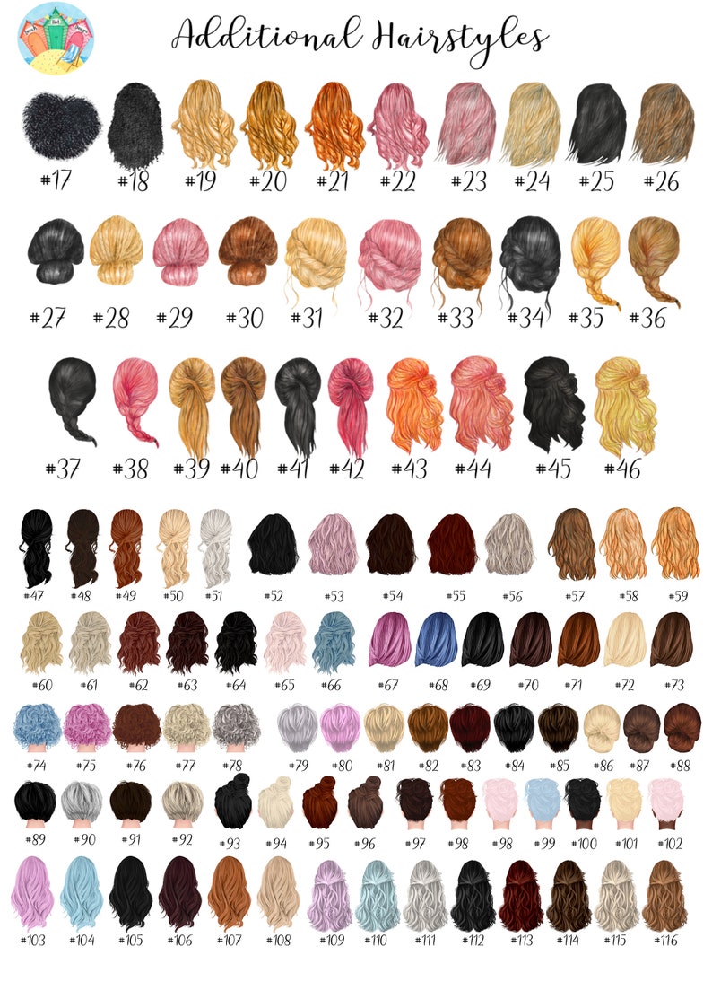 May include: An illustration showcasing a variety of hairstyles, numbered from 17 to 116. The image features a diverse range of hair colors and styles, including bobs, braids, and updos, suitable for personalized designs.