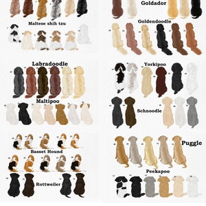 May include: A collection of dog illustrations, each depicting a different breed, including Cockapoo, Maltese Shih Tzu, Goldador, Goldendoodle, Labradoodle, Yorkipoo, Maltipoo, Schnoodle, Basset Hound, Rottweiler, Peekapoo, and Puggle. The dogs are shown in various colors.