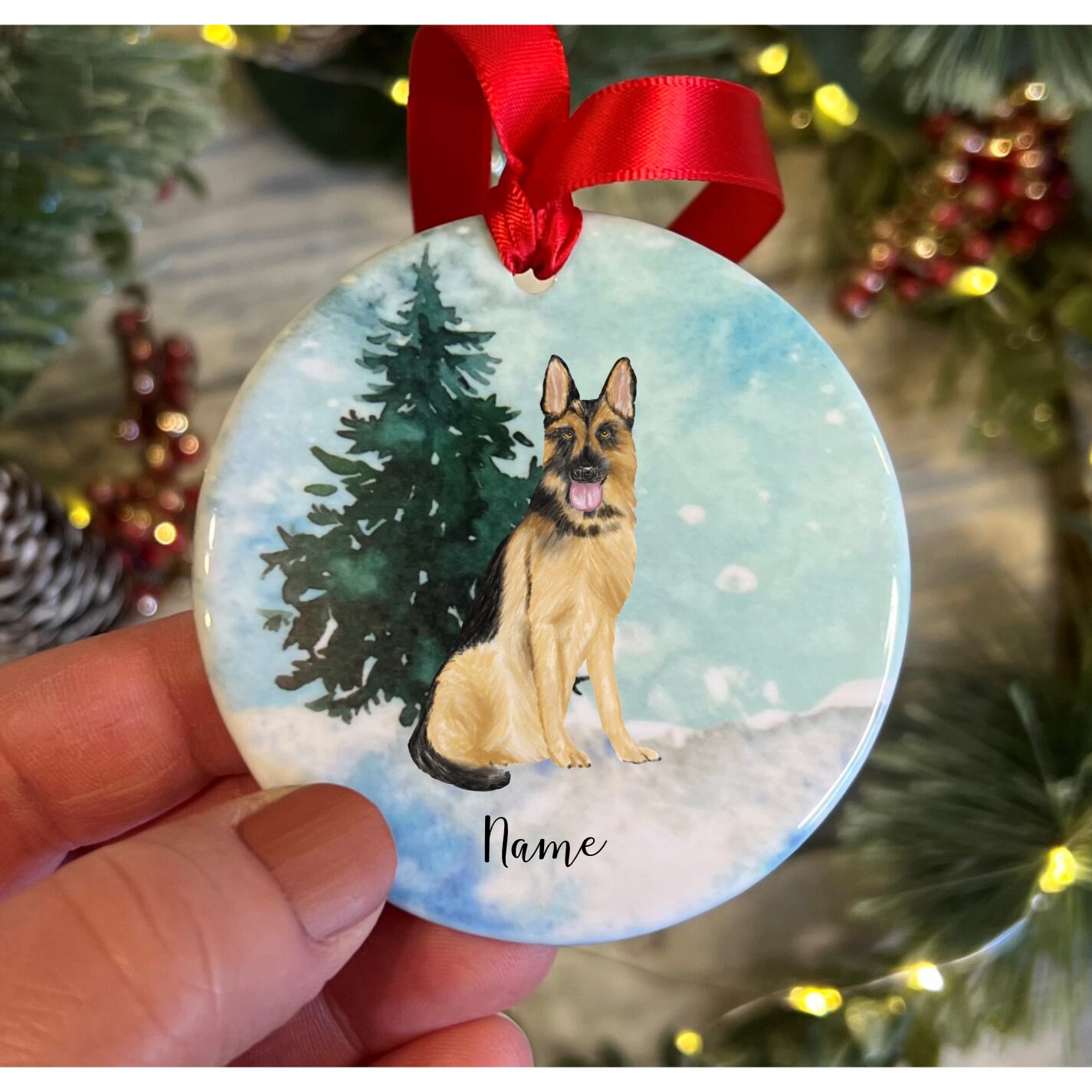 German Shepherd Face Christmas Ornament - Silver Tone Circle Holiday Decoration With Crystals - View #9