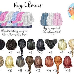 May include: Illustration of personalized mug options, featuring various hairstyles and clothing styles. Includes blue, pink, and gray jumpers, backpacks, and beach hut designs. Text reads "Mug Choices" and "Hair".