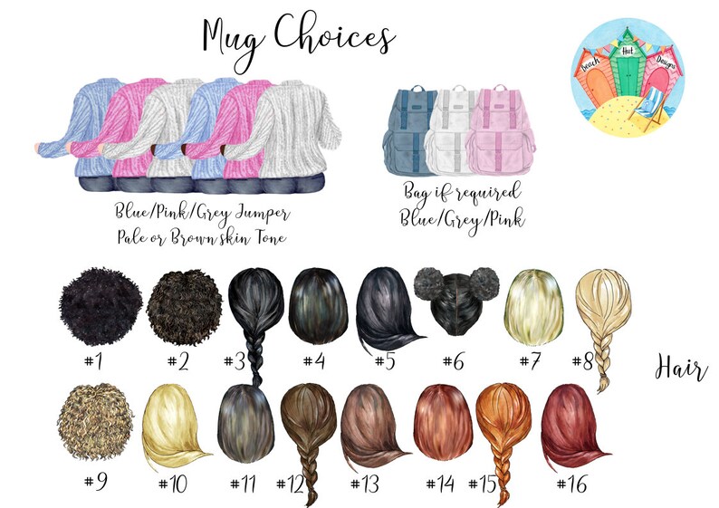 May include: Illustration of personalized mug options, featuring various hairstyles and clothing styles. Includes blue, pink, and gray jumpers, backpacks, and beach hut designs. Text reads "Mug Choices" and "Hair".
