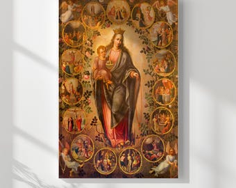 Madonna of the Rosary ANTWERP Poster, 19th Century Virgin Mary with Rosary,Catholic Advent Gift, Black Rosary Art Home Décor for Goddaughter