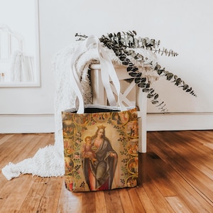 Madonna der Rosenkranz-Einkaufstasche, katholische marianische Kunst, Jungfrau Maria Devotionalien-Geschenk, religiöse Segeltuchtasche, christliche Ikone, Rosenkranz-Thementasche
