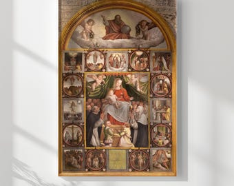 May include: A painting depicting the Madonna and Child surrounded by a series of smaller scenes. The central image shows Mary seated on a throne, holding the baby Jesus. The painting is framed in gold and features a variety of colors, including red, blue, green, and gold.