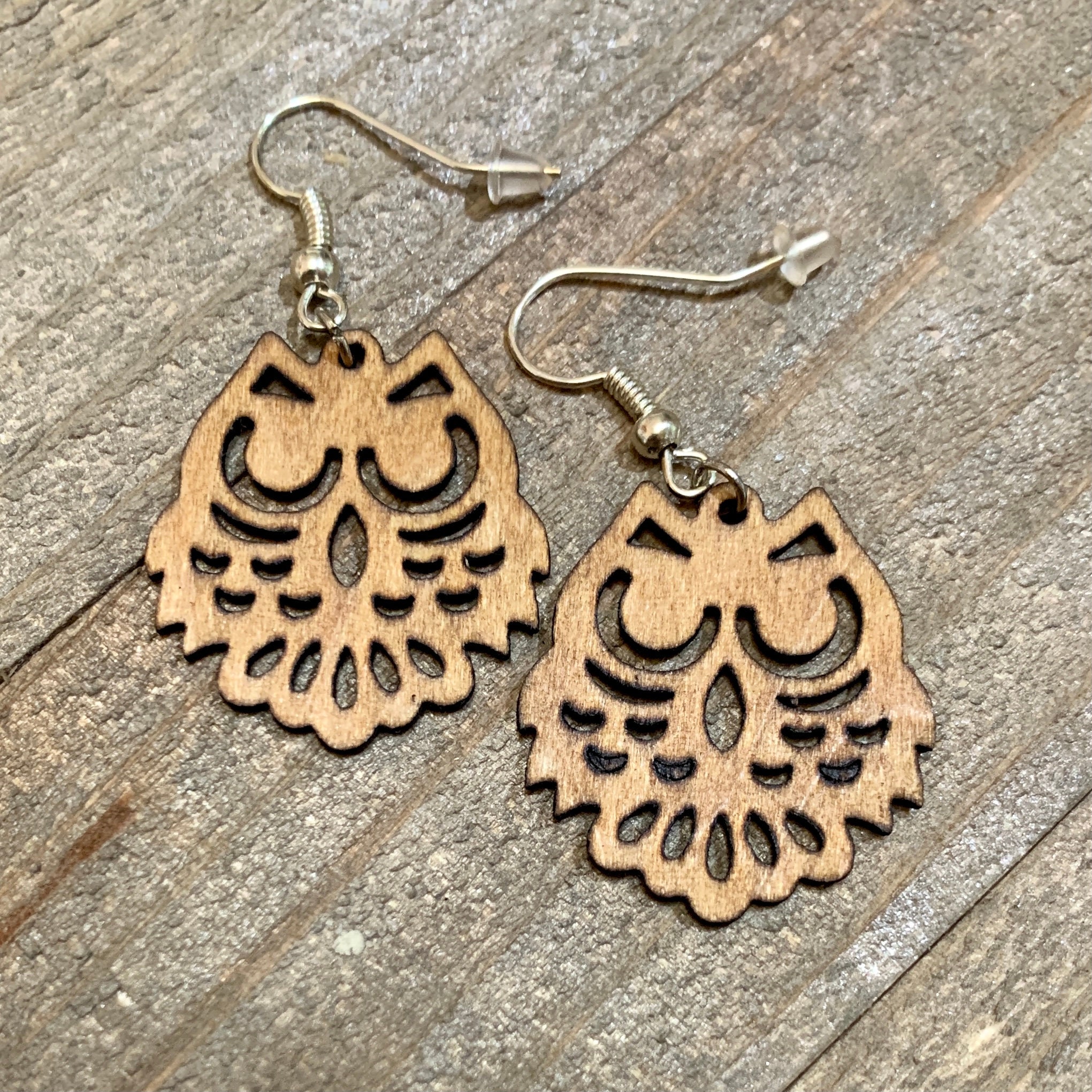 Wood Owl Earrings, Owl Dangle Earrings