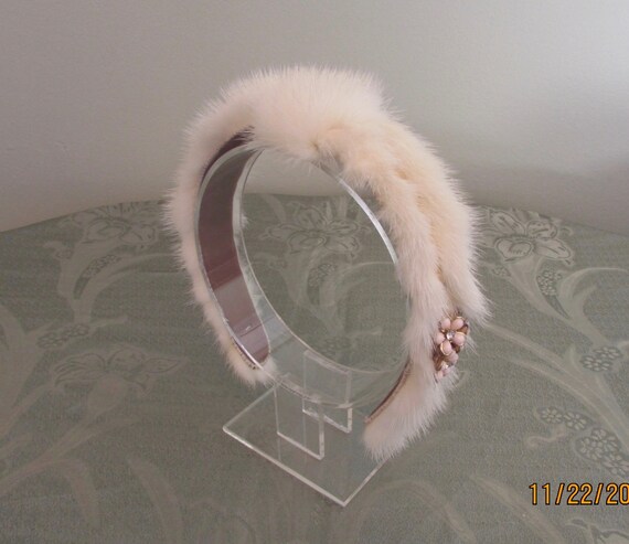 Pale Ivory Colour Mink Fur Headband, Decorated With Vintage  display picture 1