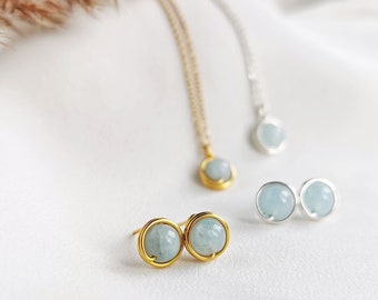 Aquamarin Schmuck Set: Draht Gewickelt Kette und Ohrringe, März Geburtsstein