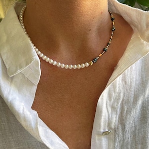 Freshwater Pearl Choker: Tiny Hematite Heart, Gold Plated