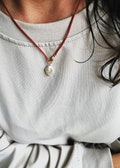 Red pearl necklace, Minimalist red beaded choker, Simple red beaded necklace, Red pearl pendant, Miyuki beaded necklace, Modern red necklace product logo