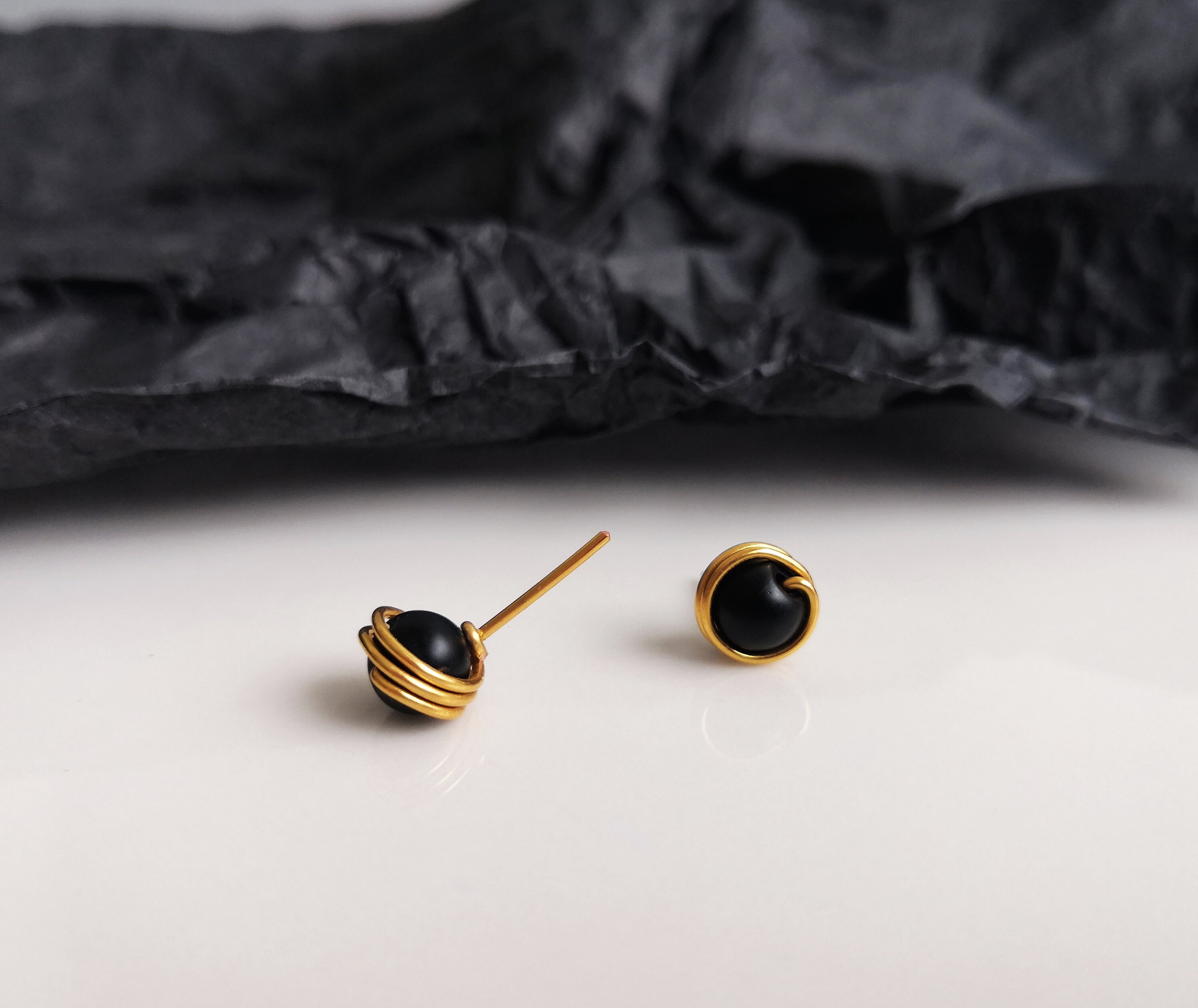 Black Earrings, Wire Wrap Gemstone Stud Earrings, Round
