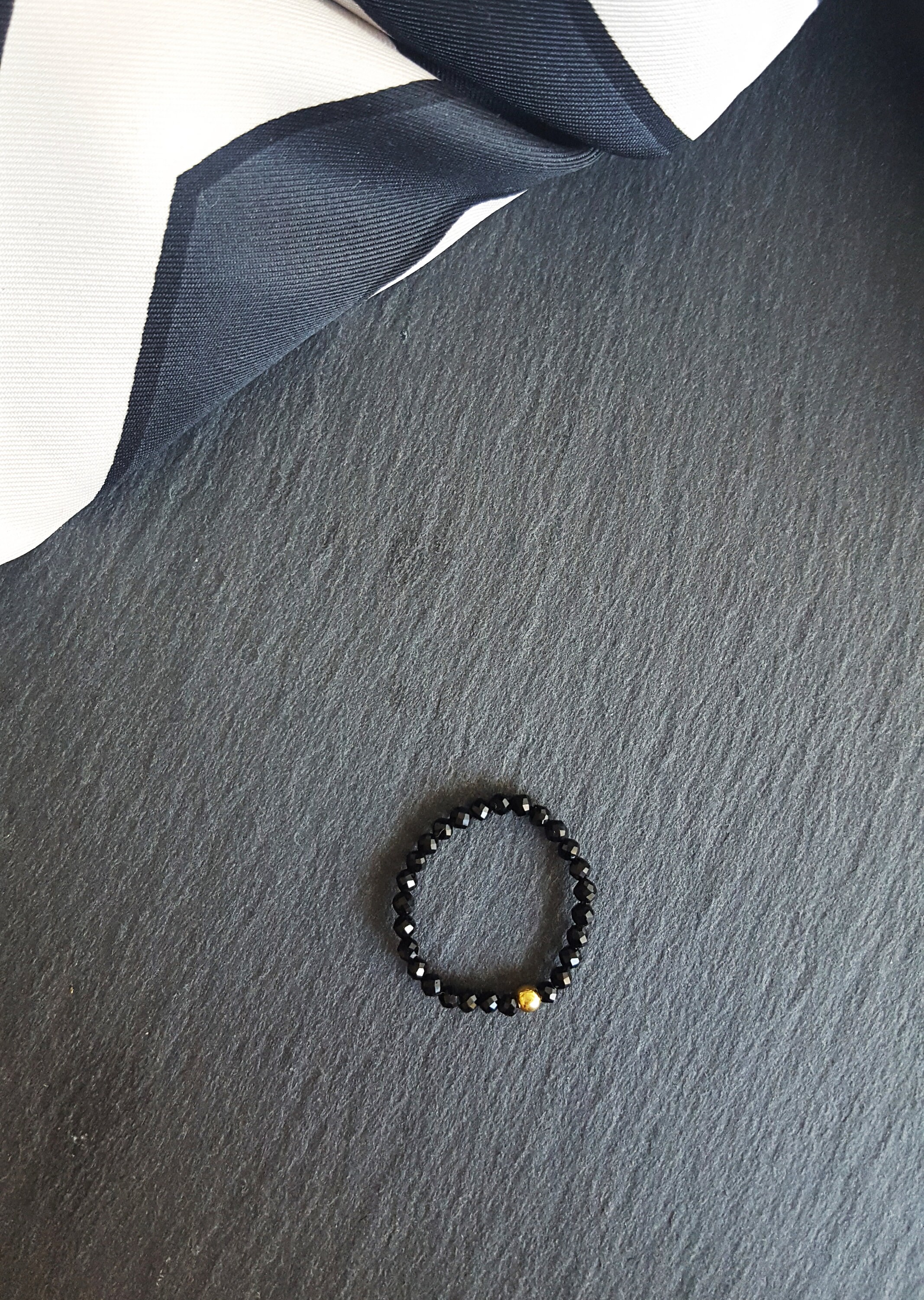 Black Spinel Stretch Ring, Beaded Stackable Ring, Elastic Ring, Black ...