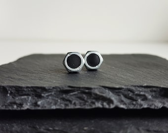 Black Polymer Clay Bolt Stud Earrings: Modern Men's Jewelry