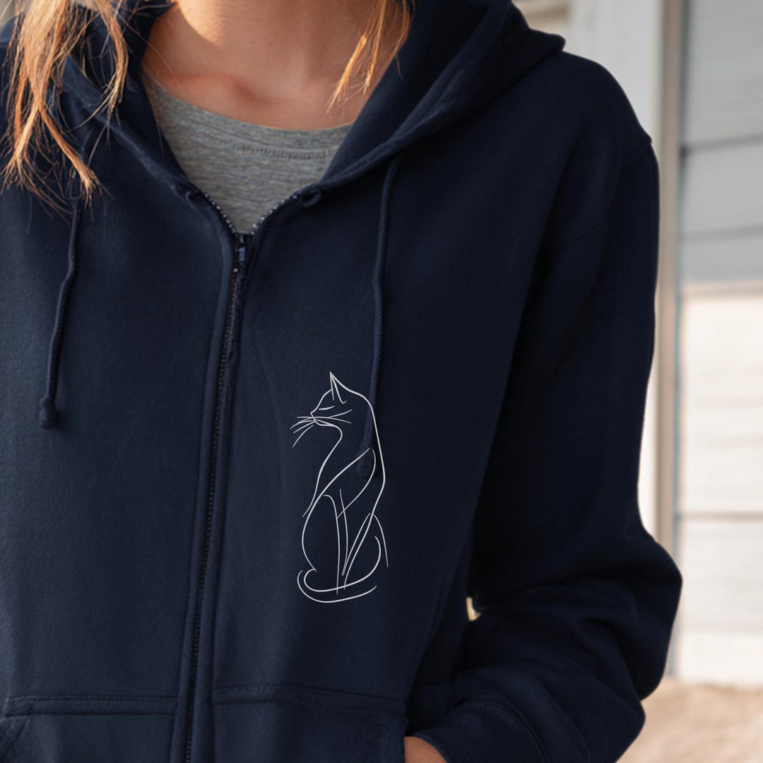 Cat Full Zip Hoodie Jacket | Simple Minimalist Cat Line Art Zip ...