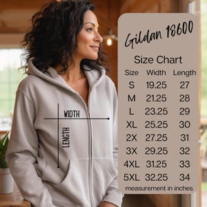 May include: A light gray zip-up hoodie with a size chart. The hoodie has a hood, a front zipper, and two front pockets. The size chart shows measurements in inches for width and length, ranging from size S to 5XL.