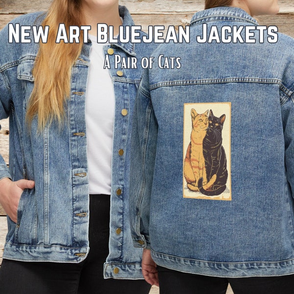 Women's Black Cat and Tabby Cat Jean Jacket, Cotton Denim Cats Jacket, Art Deco Animal Coat, Light Denim Jacket Unique Gift Cat Lover Mom