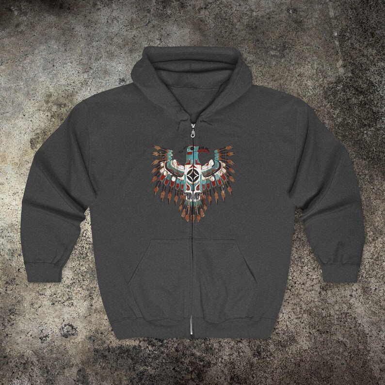 Native American Eagle Totem Full Zip Hoodie, Thunderbird Art , Western Art, Cowboy Sweat, Comfy Native American Indigenous Shirt, Boho image 9