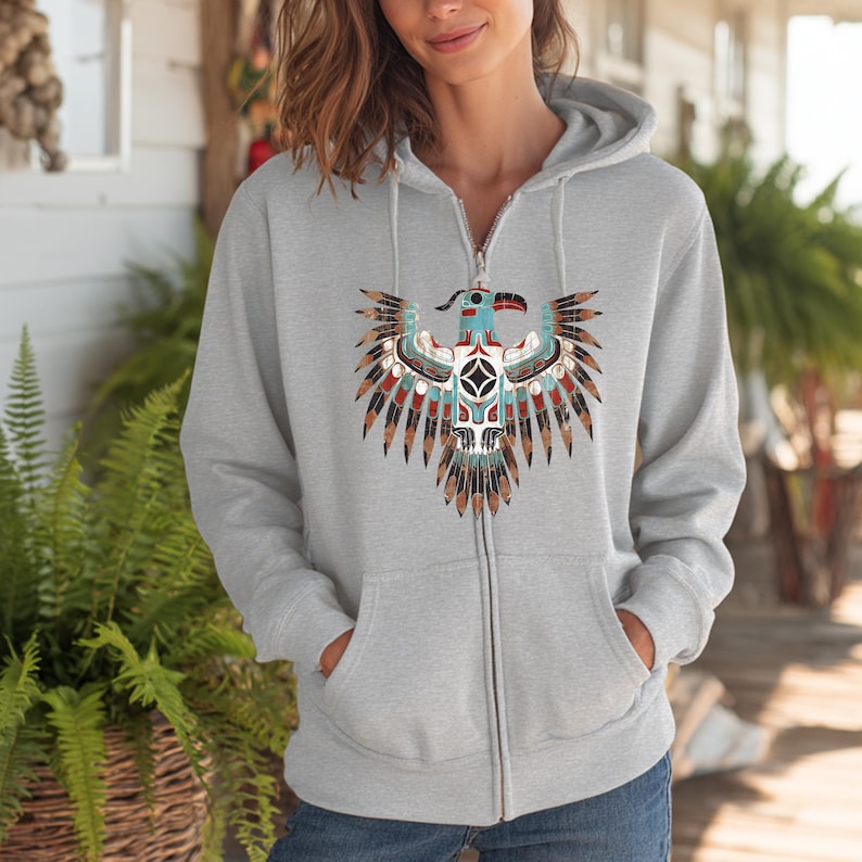Native American Eagle Totem Full Zip Hoodie, Thunderbird Art , Western Art, Cowboy Sweat, Comfy Native American Indigenous Shirt, Boho image 1
