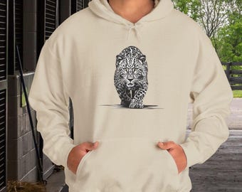 Snow Leopard Hoodie with Golden Eyes, Wildlife Pullover Sweatshirt, Big Cat Animal Lover Gift, Leopard Art Hoodie, Unisex, Outdoor Life