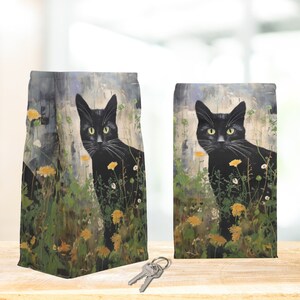 Personalized Black Cat Lover's Insulated Lunch Bag, Magnet Closure, Original Artwork Design, Kids Back-to-school, College or Work Carry All