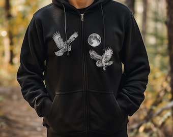 Great Horned Owls Hoodie – Full Zip Sweatshirt with White Ink Owls, Wildlife Camping Jacket, Night Owl Art, Hiker or Nature Lover Gift