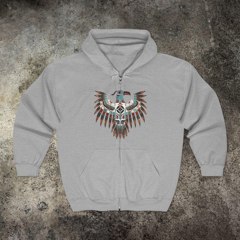 Native American Eagle Totem Full Zip Hoodie, Thunderbird Art , Western Art, Cowboy Sweat, Comfy Native American Indigenous Shirt, Boho image 7