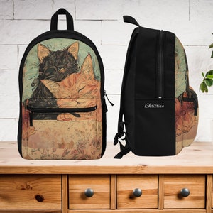 Personalized Cat Lover's Backpack, Sleeping Cats Bookbag, Original Artwork Design, Kids Back-to-school, College or Work Carry All