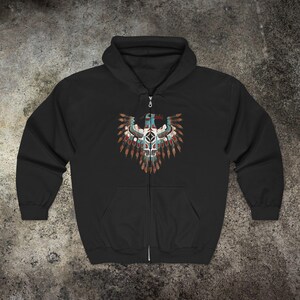 Native American Eagle Totem Full Zip Hoodie, Thunderbird Art , Western Art, Cowboy Sweat, Comfy Native American Indigenous Shirt, Boho image 6