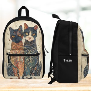 Personalized Folk Art Cats Backpack, Cute Artwork of  Two Cats Bookbag, BFF Gift Bag, Back-to-school, College or Work Carry All, Any Age