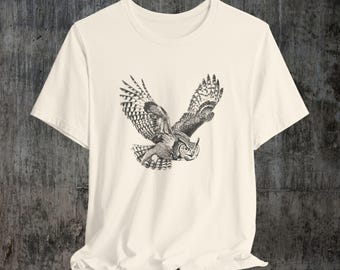 Amerikanischer Uhu T-Shirt - Wildtier Vogel Kunst T-Shirt, Feder und Tusche Eule Zeichnung Shirt, Bella Canvas Natur Geschenk für Vogelbeobachter