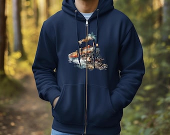 Vintage Steam Train Zip Hoodie - Watercolor Locomotive Unisex Sweatshirt, Gift for Train Lovers, Train Full-Zip Jacket, Dad Gift Fathers Day