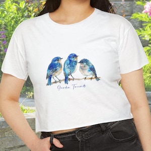 Whimsical Bird Art Festival Crop Top, Boho Style Tee, Gift for Garden Lovers, Summer Music Fest Attire, Nature-Inspired Fashion