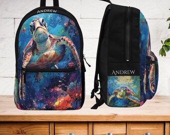 Personalized Sea Turtle Backpack, Ocean Lovers Art Bookbag, Original Design, Custom Back-to-school, College or Work Carry All, Ocean Lover